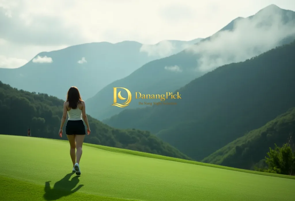 다낭 골프장에서 활짝 웃는 GOLDEN BAY의 매력적인 골프_에코걸. 푸른 잔디와 야자수 아래 다낭 골프 라운딩을 즐기는 여유로운 순간.