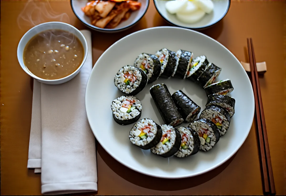 A warm-lit small Korean-style restaurant interior in a tropical Asian city, wooden tables, stainless steel side dishes, condensation on a glass of water, soft evening light through a window, no people's faces, cozy documentary photo style