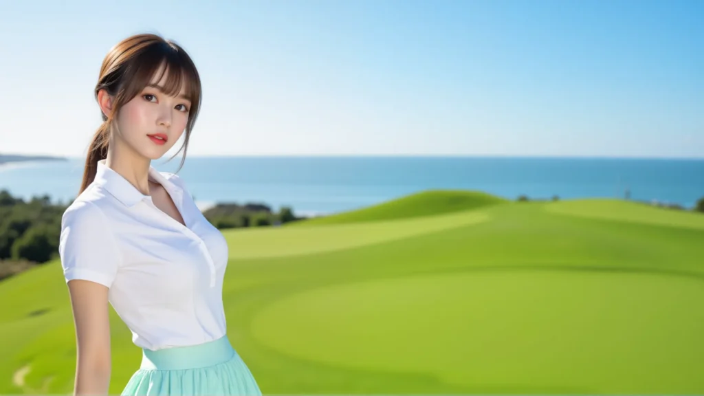 GOLDEN BAY GOLDEN BAY, 다낭 해변 골프 코스에서 화사한 미소를 짓는 아시아 여성. 푸른 바다와 초록 필드가 어우러진 완벽한 휴가를 만끽하세요.