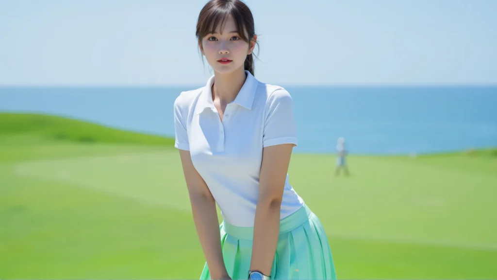 다낭의 푸른 바다가 보이는 해변 골프장에서 흰색 폴로 셔츠와 민트 스커트를 입은 여성 골퍼의 아름다운 라운딩. GOLDEN BAY, GOLDEN BAY.