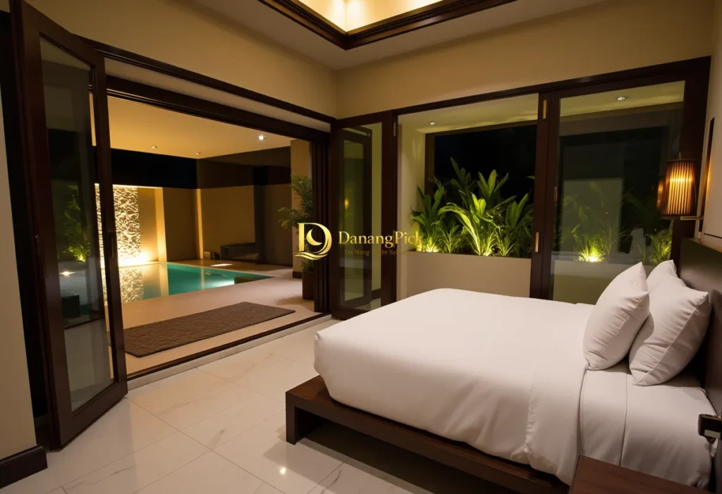 GOLDEN BAY 다낭 풀빌라. 아늑한 침실에서 바로 연결되는 프라이빗 poolvilla 전경입니다. 조명 아래 빛나는 풀과 식물이 고급스러운 다낭 휴가를 선사합니다.