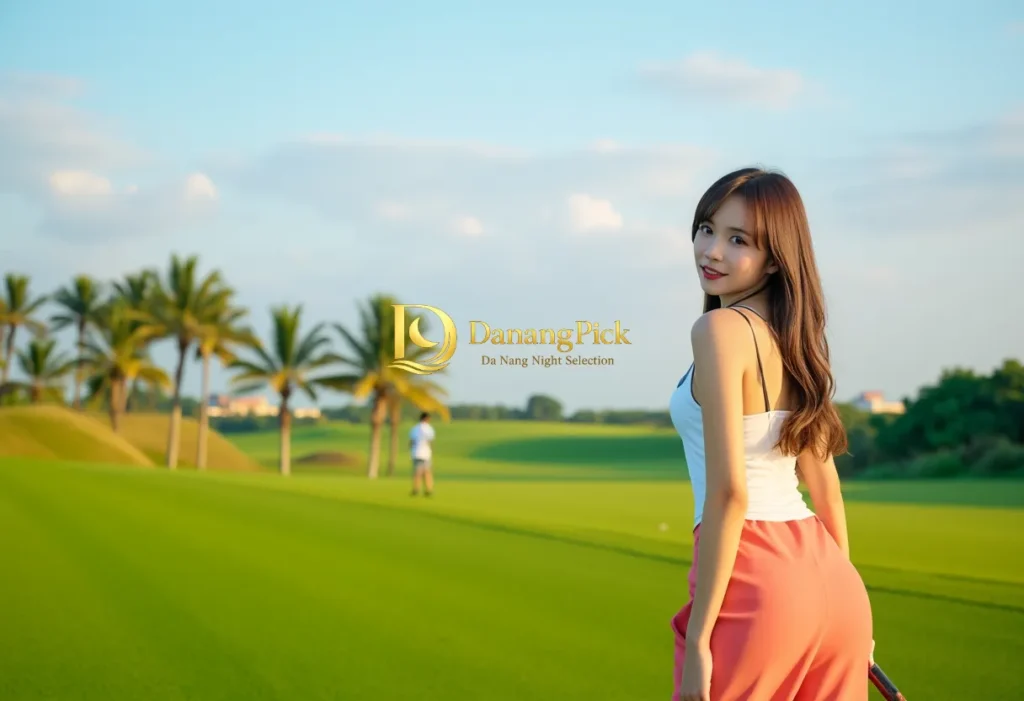 다낭 골프장에서 활짝 웃는 GOLDEN BAY의 매력적인 골프_에코걸. 푸른 잔디와 야자수 아래 다낭 골프 라운딩을 즐기는 여유로운 순간.