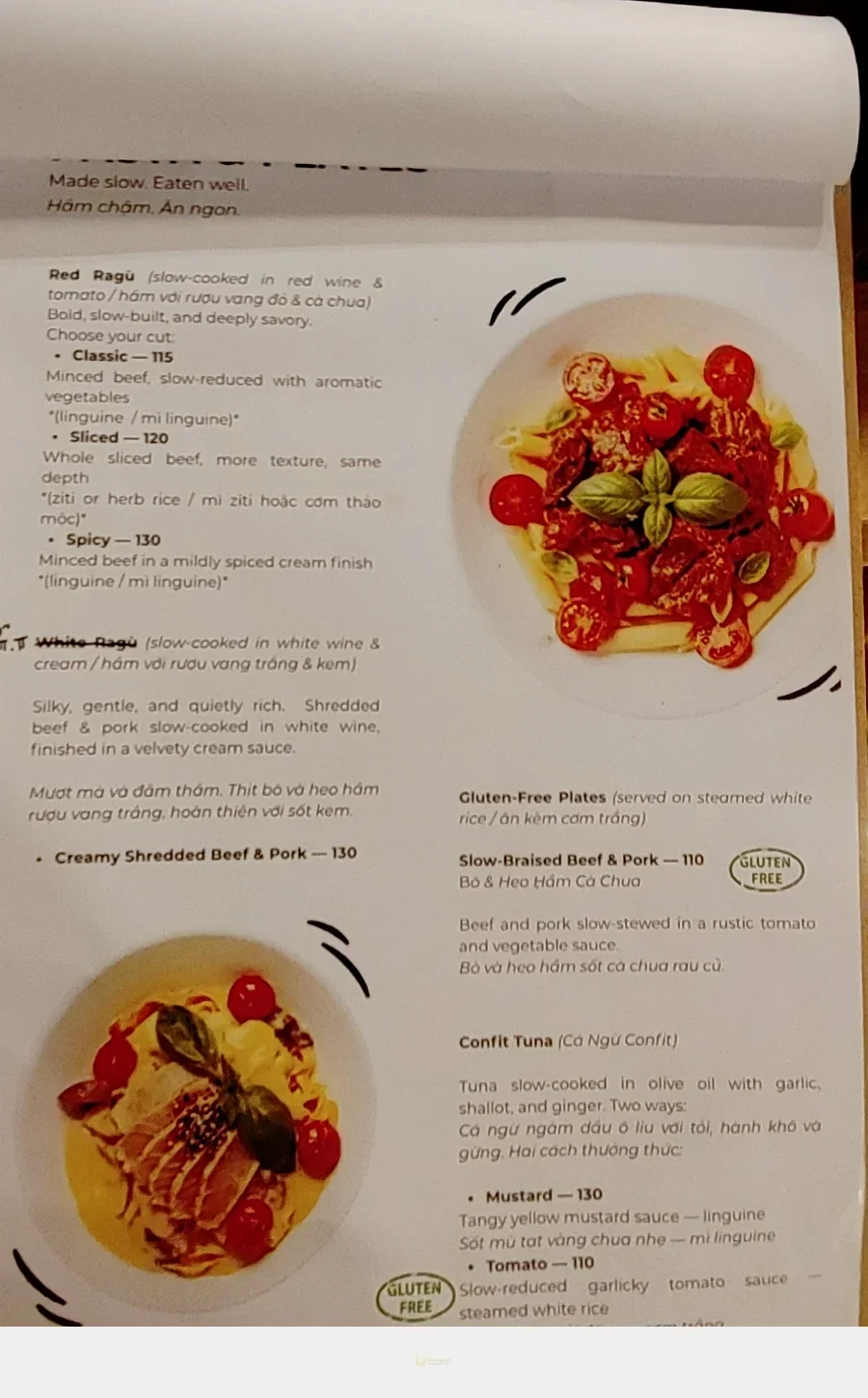 슬로우쿡 라구와 참치 메뉴가 실린 Wanderbite 메뉴판