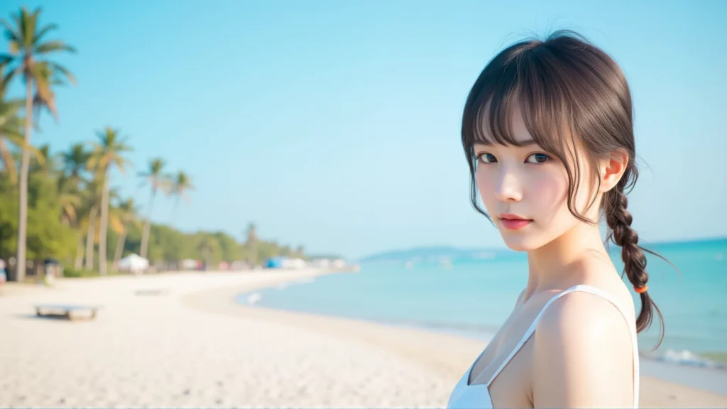 GOLDEN BAY 추천! 베트남 다낭 해변에서 싱그러운 야자수와 푸른 바다를 배경으로 여유로운 휴가를 즐기는 GOLDEN BAY 여행객의 모습.