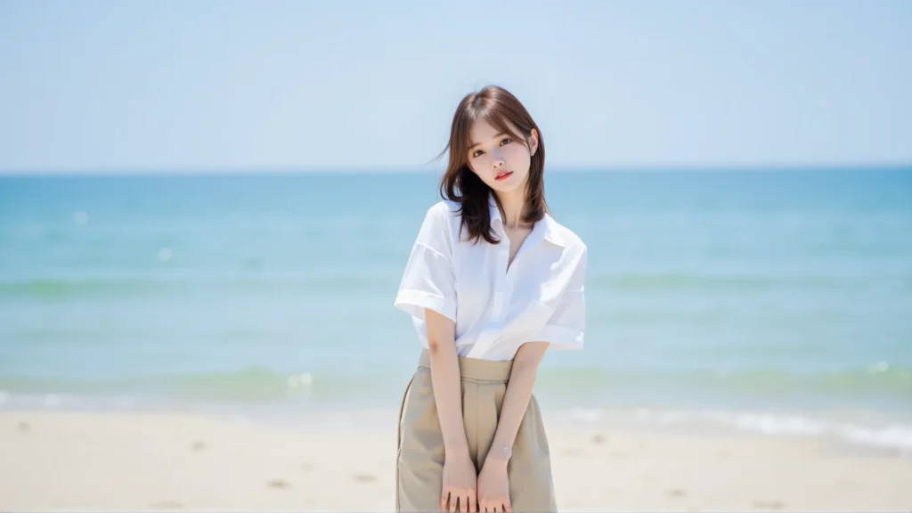 화창한 다낭 해변에서 밝은 미소의 여성이 흰 셔츠와 베이지색 반바지를 입고 포즈를 취하고 있습니다. GOLDEN BAY과 함께하는 다낭 여행의 싱그러운 순간을 담다.