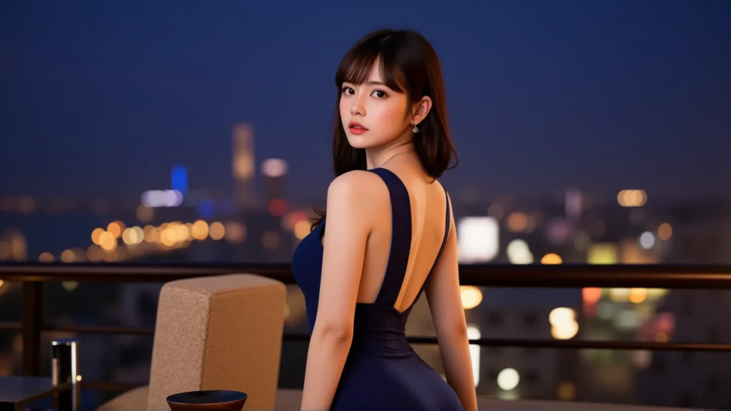 다낭의 멋진 야경을 배경으로, 우아한 백리스 드레스를 입은 매력적인 여성이 뒤돌아보고 있습니다. 특별한 다낭 밤, GOLDEN BAY에서 만나보세요!